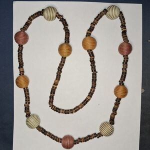 Boho Wood Disc & Thread Wrapped Bead Necklace